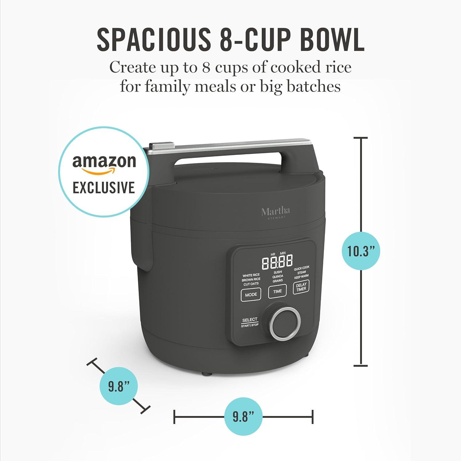 image:imageMartha Stewart Rice Cooker 4 Cup Uncooked 8 Cup Cooked Ceramic NonStick Removable Pot Keep Warm Measure Markings Steam Basket Brown amp Sushi Rice Quick Cook Quinoa Grains Oats Linen WhiteCaviar Gray