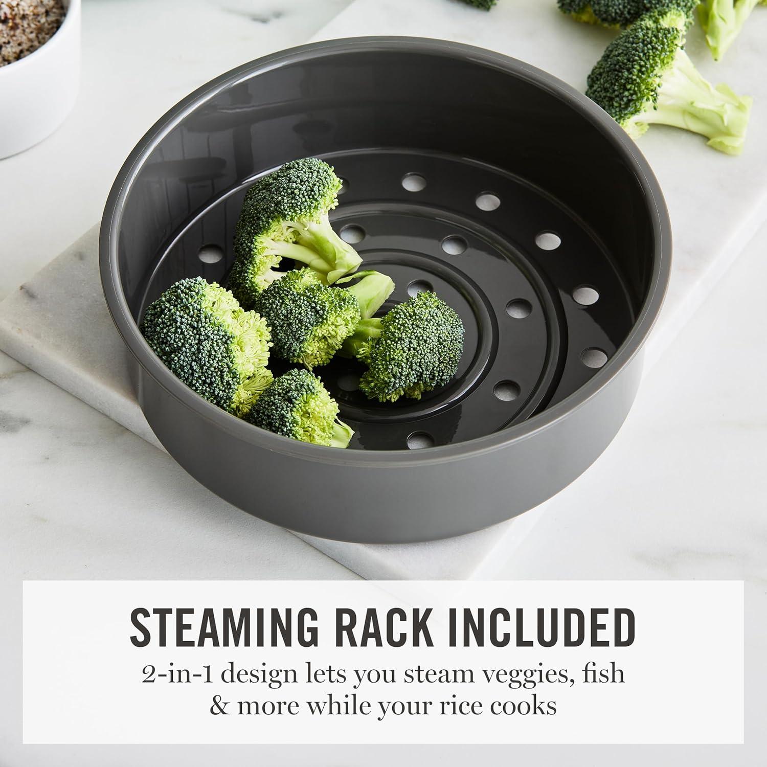 image:imageMartha Stewart Rice Cooker 4 Cup Uncooked 8 Cup Cooked Ceramic NonStick Removable Pot Keep Warm Measure Markings Steam Basket Brown amp Sushi Rice Quick Cook Quinoa Grains Oats Linen WhiteSky Blue