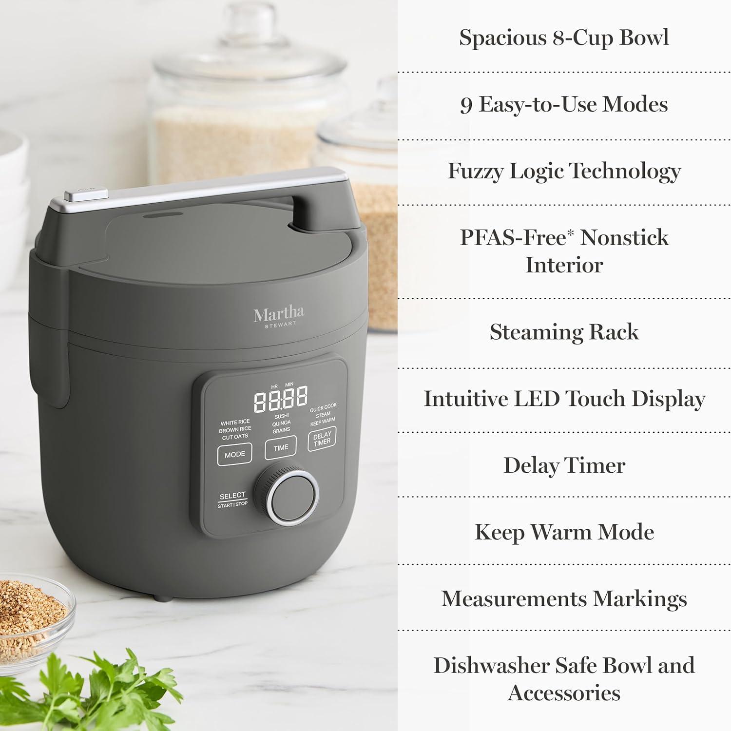 image:imageMartha Stewart Rice Cooker 4 Cup Uncooked 8 Cup Cooked Ceramic NonStick Removable Pot Keep Warm Measure Markings Steam Basket Brown amp Sushi Rice Quick Cook Quinoa Grains Oats Linen WhiteCaviar Gray