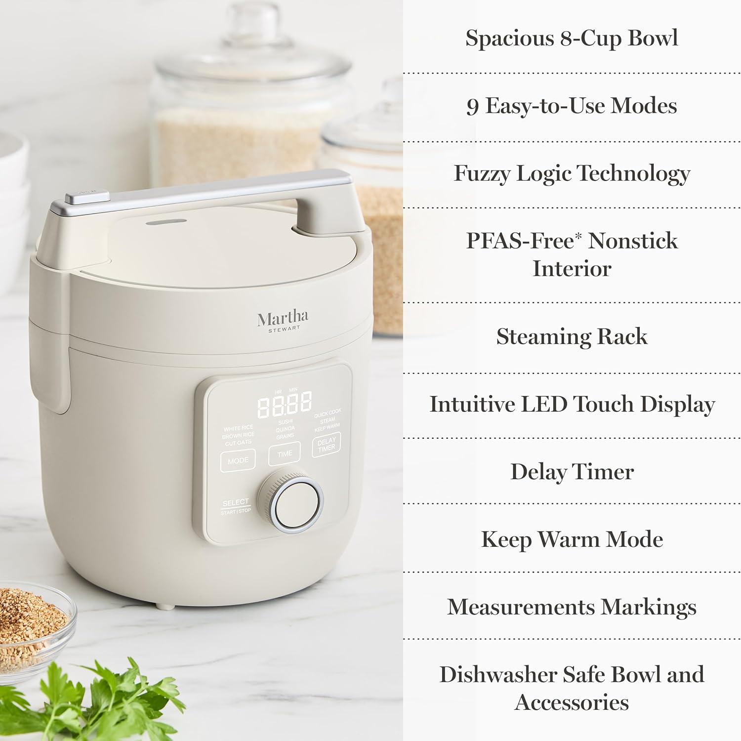 image:imageMartha Stewart Rice Cooker 4 Cup Uncooked 8 Cup Cooked Ceramic NonStick Removable Pot Keep Warm Measure Markings Steam Basket Brown amp Sushi Rice Quick Cook Quinoa Grains Oats Linen WhiteLinen White