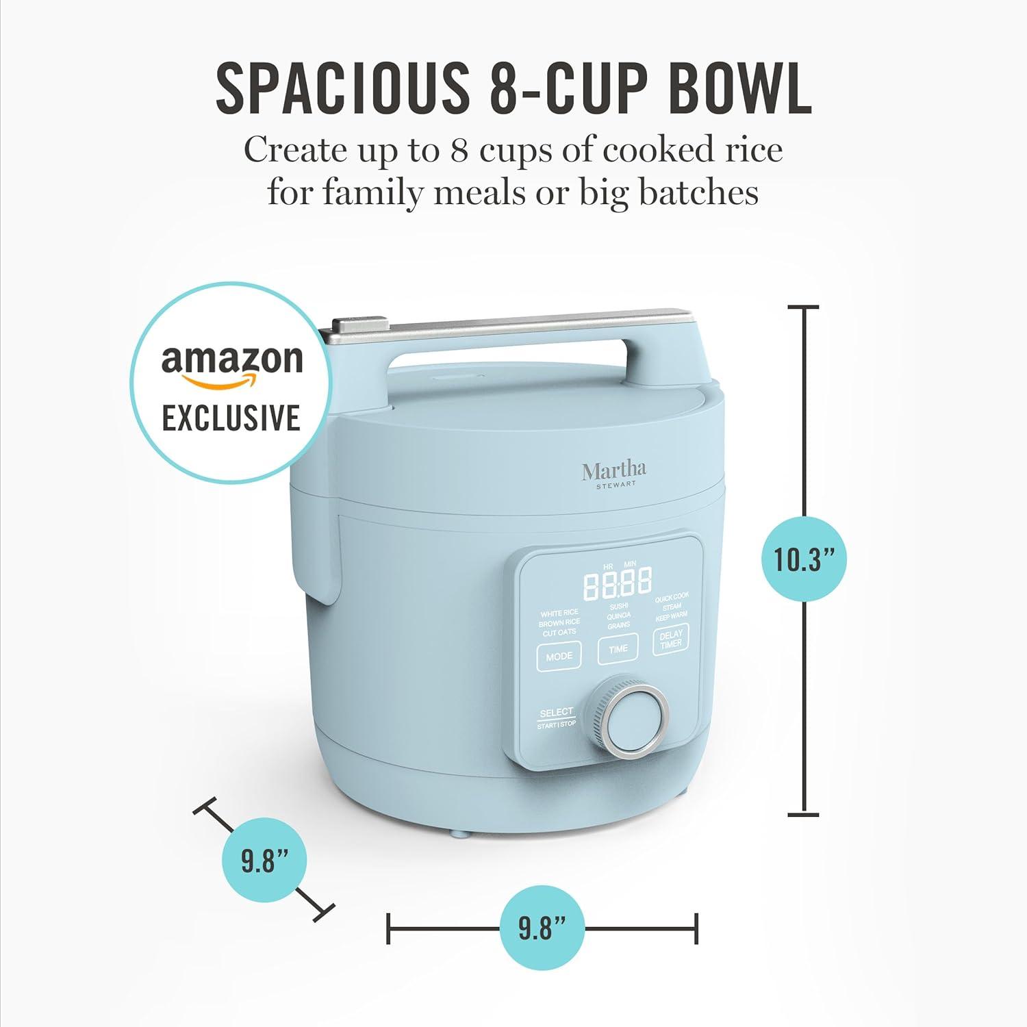 image:imageMartha Stewart Rice Cooker 4 Cup Uncooked 8 Cup Cooked Ceramic NonStick Removable Pot Keep Warm Measure Markings Steam Basket Brown amp Sushi Rice Quick Cook Quinoa Grains Oats Linen WhiteSky Blue