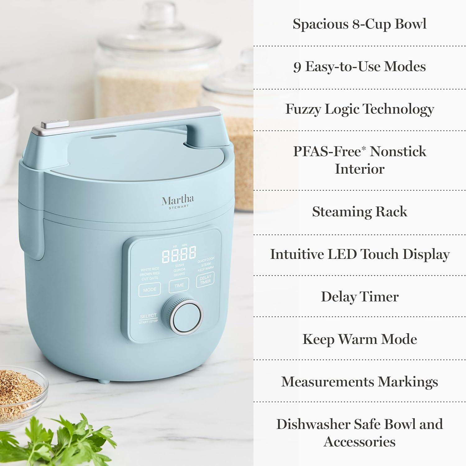 image:imageMartha Stewart Rice Cooker 4 Cup Uncooked 8 Cup Cooked Ceramic NonStick Removable Pot Keep Warm Measure Markings Steam Basket Brown amp Sushi Rice Quick Cook Quinoa Grains Oats Linen WhiteSky Blue