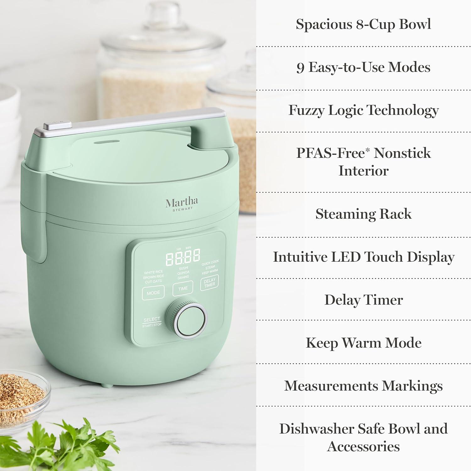 image:imageMartha Stewart Rice Cooker 4 Cup Uncooked 8 Cup Cooked Ceramic NonStick Removable Pot Keep Warm Measure Markings Steam Basket Brown amp Sushi Rice Quick Cook Quinoa Grains Oats Linen WhiteHoneydew Green