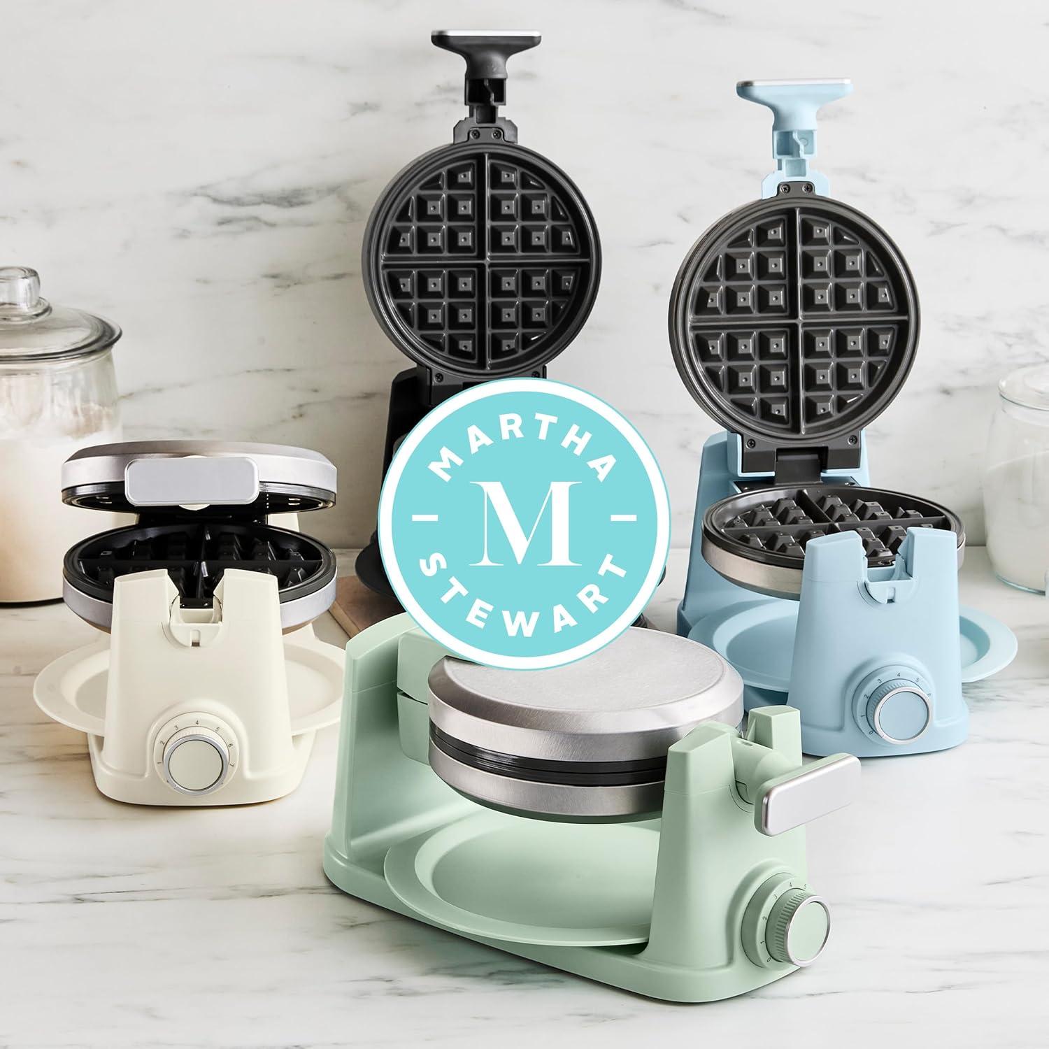 image:imageMartha Stewart Rotating Waffle Maker 180 Flip Iron with PFASFree Nonstick Plates Adjustable Timer Ready Light Drip Tray Space Saving Classic Round 7 Easy to Clean Stainless Steel LinenIndigo Blue