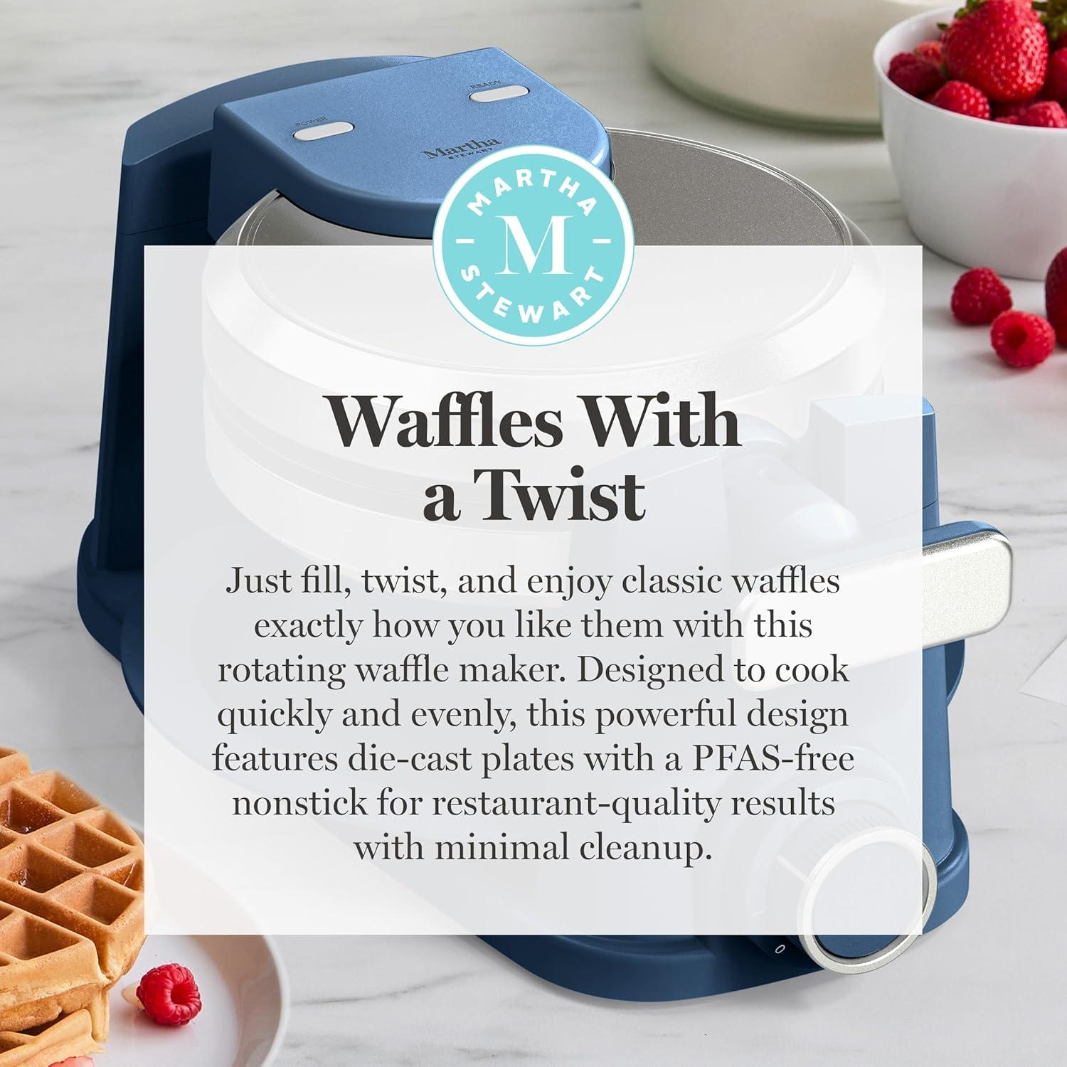 image:imageMartha Stewart Rotating Waffle Maker 180 Flip Iron with PFASFree Nonstick Plates Adjustable Timer Ready Light Drip Tray Space Saving Classic Round 7 Easy to Clean Stainless Steel LinenIndigo Blue