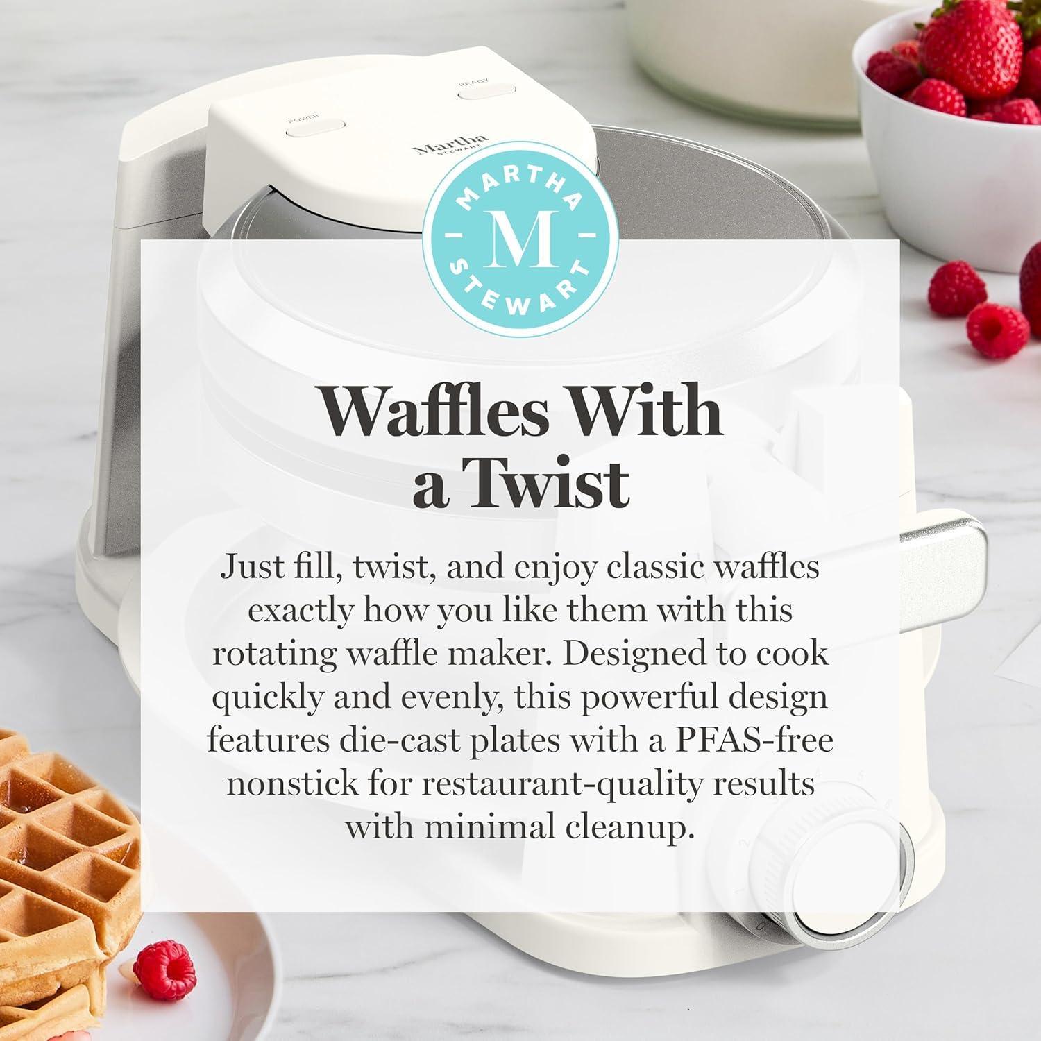 image:imageMartha Stewart Rotating Waffle Maker 180 Flip Iron with PFASFree Nonstick Plates Adjustable Timer Ready Light Drip Tray Space Saving Classic Round 7 Easy to Clean Stainless Steel LinenLinen White