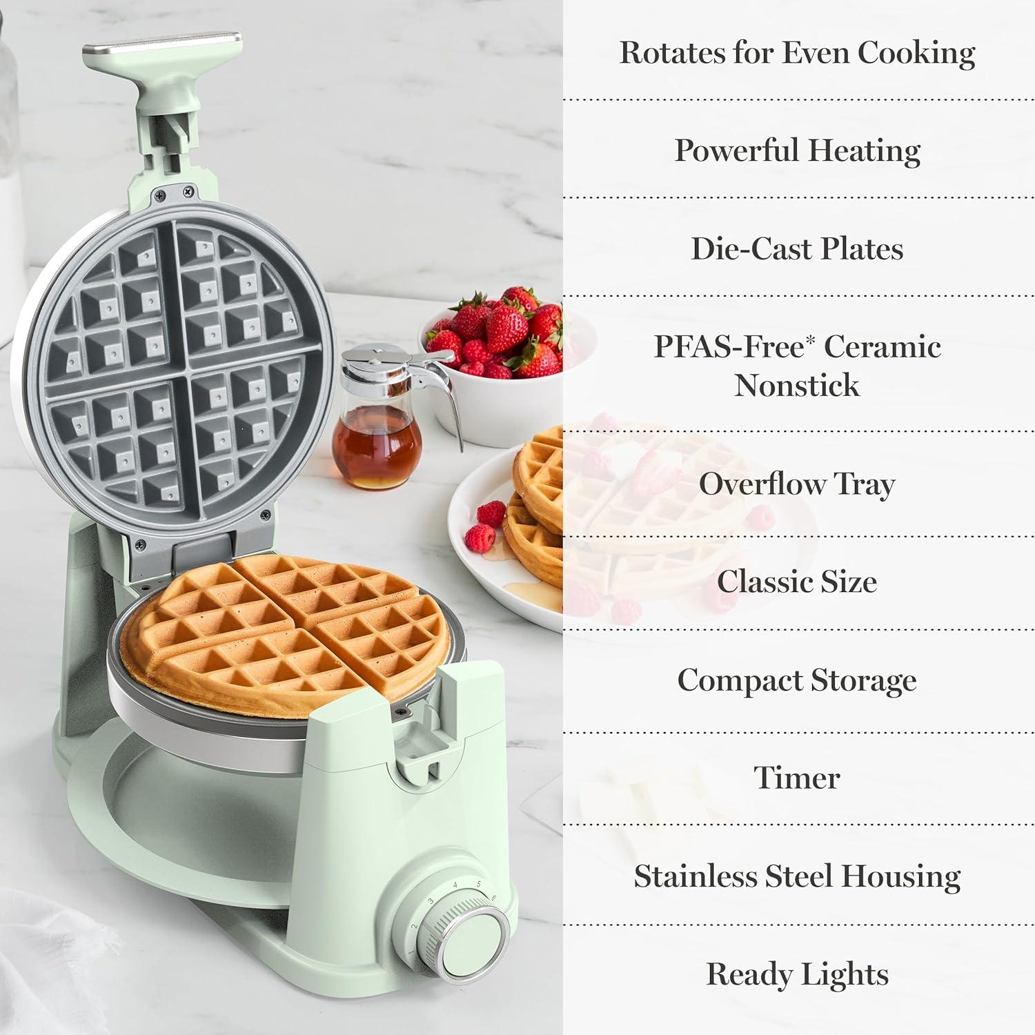 image:imageMartha Stewart Rotating Waffle Maker 180 Flip Iron with PFASFree Nonstick Plates Adjustable Timer Ready Light Drip Tray Space Saving Classic Round 7 Easy to Clean Stainless Steel LinenHoneydew Green