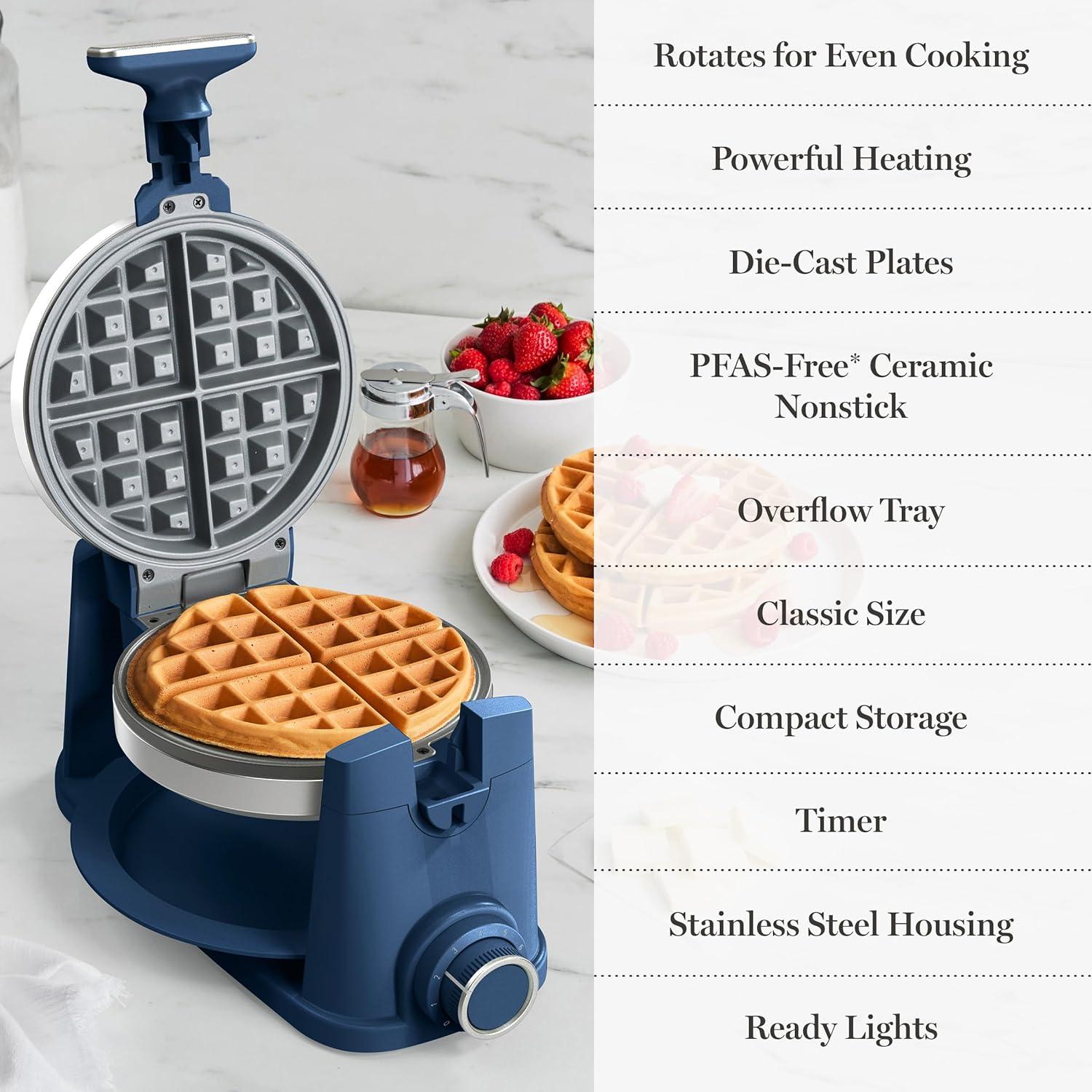 image:imageMartha Stewart Rotating Waffle Maker 180 Flip Iron with PFASFree Nonstick Plates Adjustable Timer Ready Light Drip Tray Space Saving Classic Round 7 Easy to Clean Stainless Steel LinenIndigo Blue