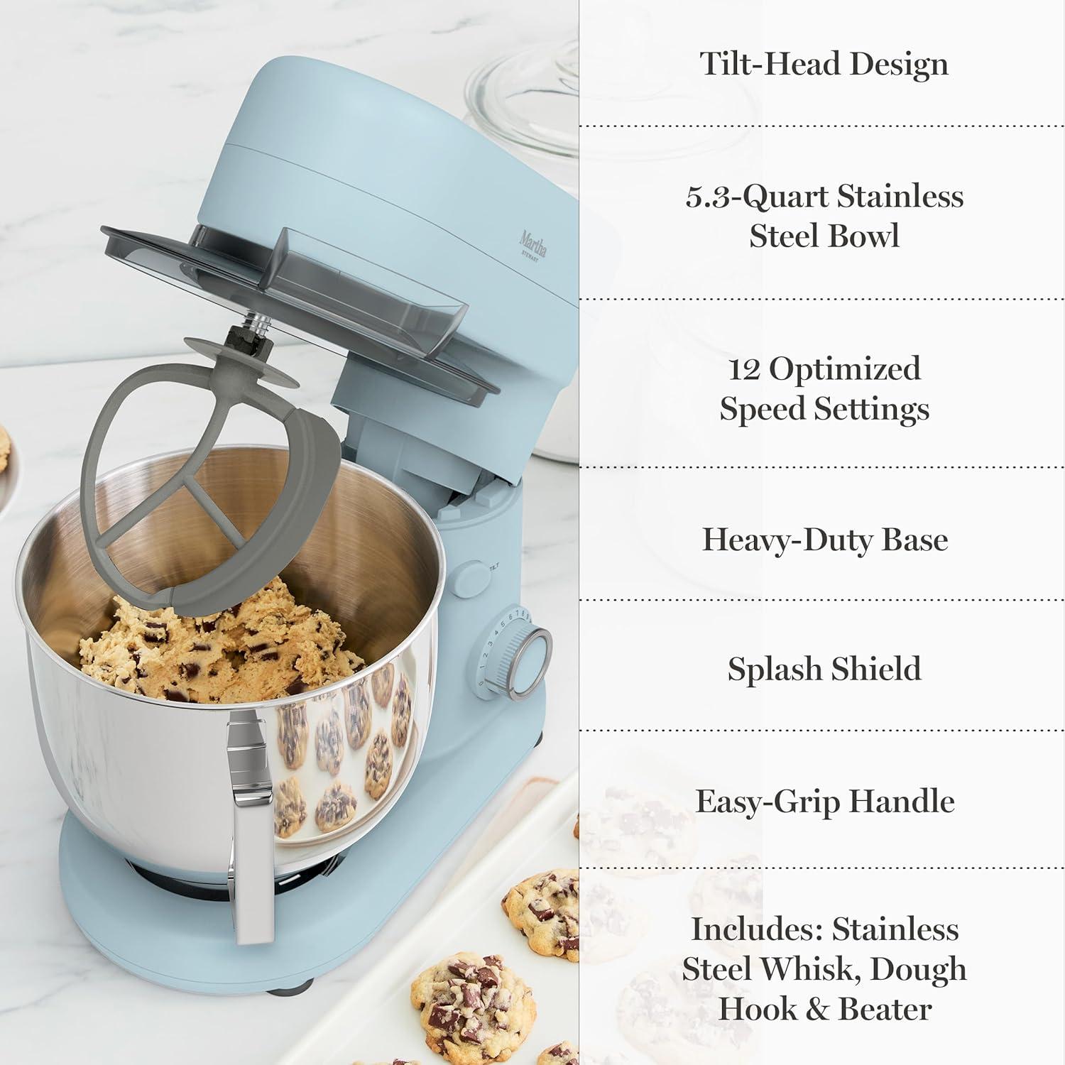 image:imageMartha Stewart TiltHead Stand Mixer12 Speed 53QT Stainless Steel Bowl Splash Guard with Pour Chute Whisk Dough Hook Flat BeaterElectric Kitchen Baking Mixer Bread Cake Whip Linen WhiteSky Blue