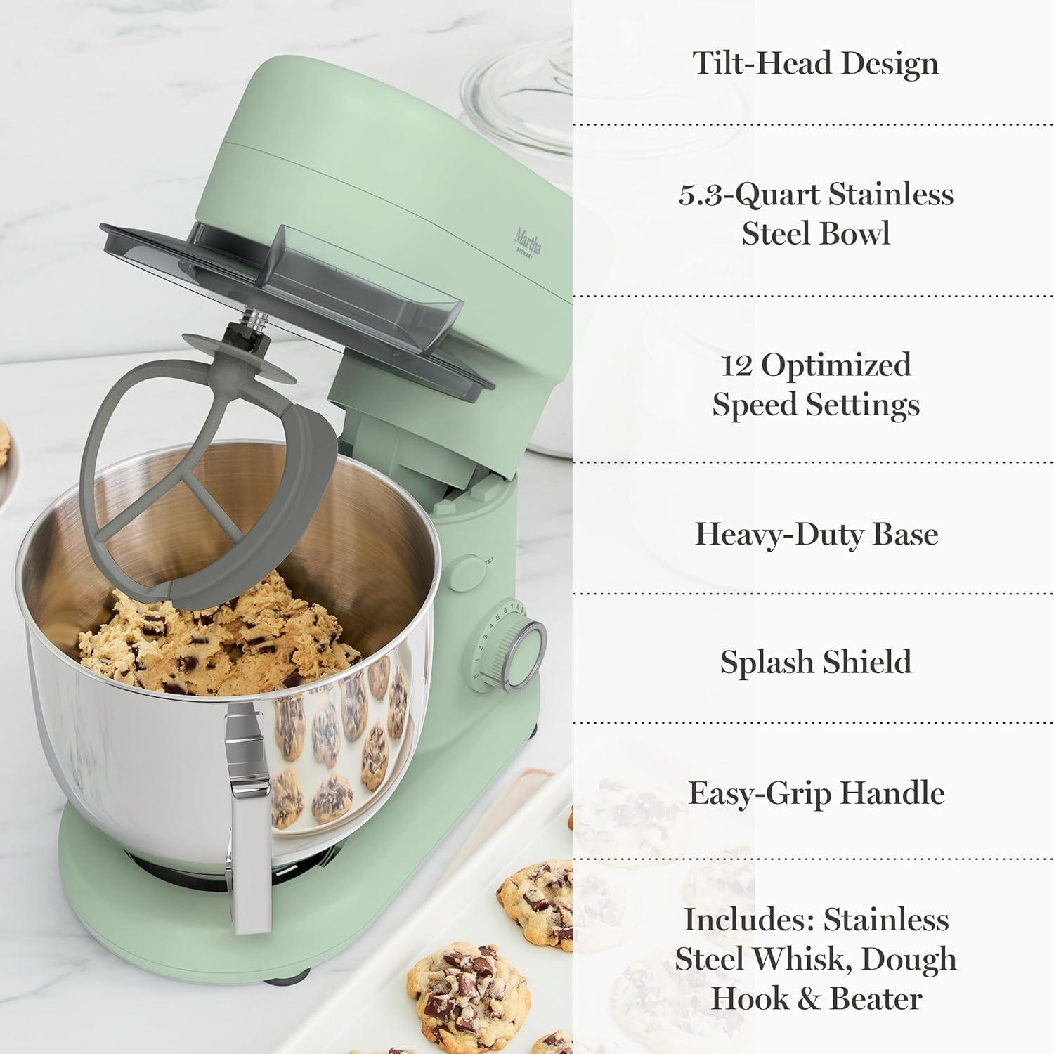 image:imageMartha Stewart TiltHead Stand Mixer12 Speed 53QT Stainless Steel Bowl Splash Guard with Pour Chute Whisk Dough Hook Flat BeaterElectric Kitchen Baking Mixer Bread Cake Whip Linen WhiteHoneydew Green
