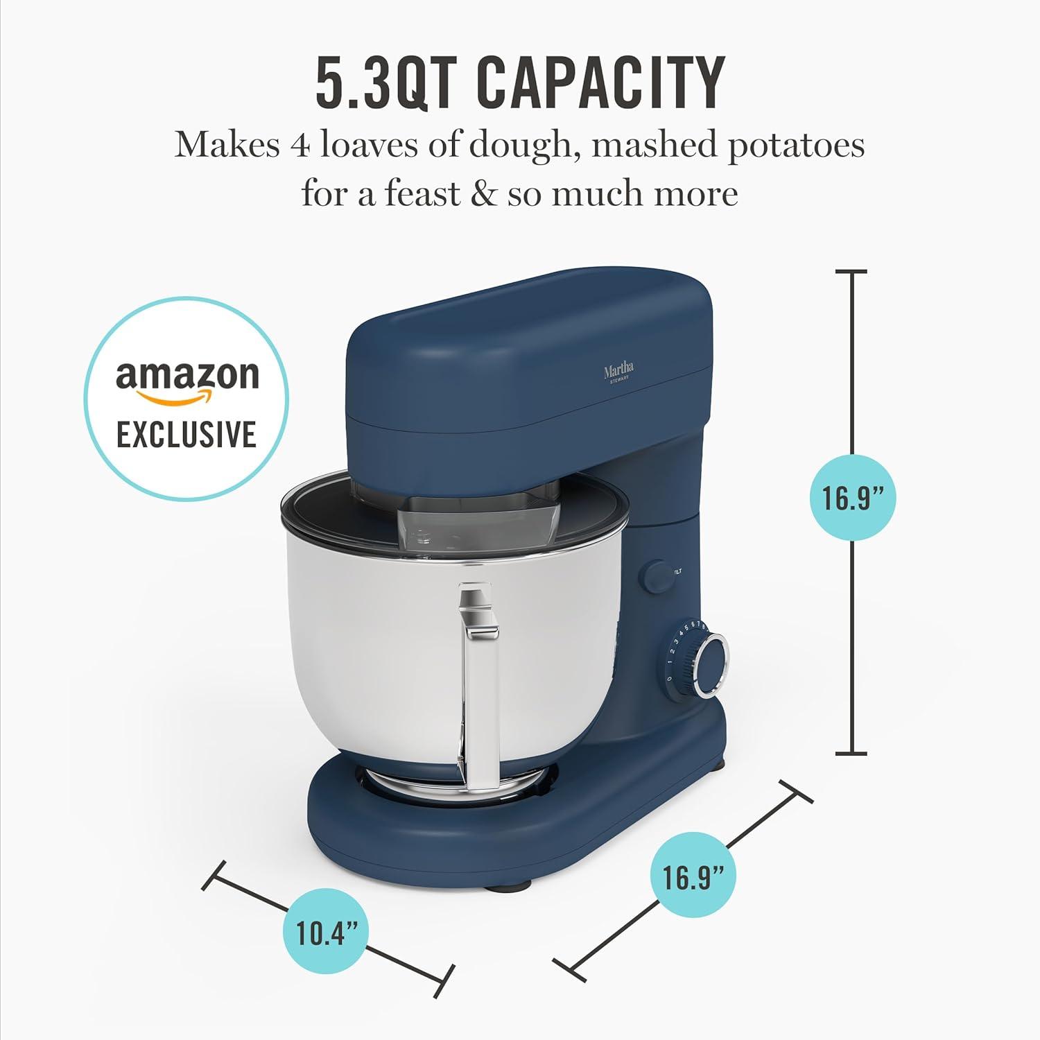 image:imageMartha Stewart TiltHead Stand Mixer12 Speed 53QT Stainless Steel Bowl Splash Guard with Pour Chute Whisk Dough Hook Flat BeaterElectric Kitchen Baking Mixer Bread Cake Whip Linen WhiteIndigo Blue