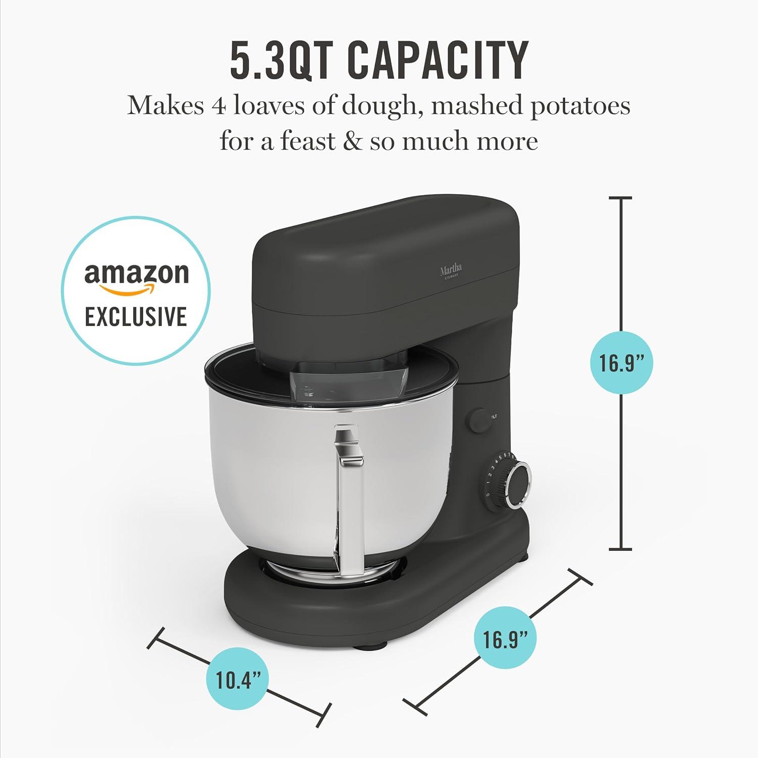 image:imageMartha Stewart TiltHead Stand Mixer12 Speed 53QT Stainless Steel Bowl Splash Guard with Pour Chute Whisk Dough Hook Flat BeaterElectric Kitchen Baking Mixer Bread Cake Whip Linen WhiteCaviar Gray