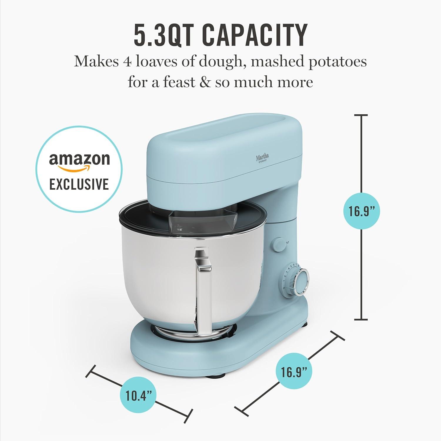 image:imageMartha Stewart TiltHead Stand Mixer12 Speed 53QT Stainless Steel Bowl Splash Guard with Pour Chute Whisk Dough Hook Flat BeaterElectric Kitchen Baking Mixer Bread Cake Whip Linen WhiteSky Blue