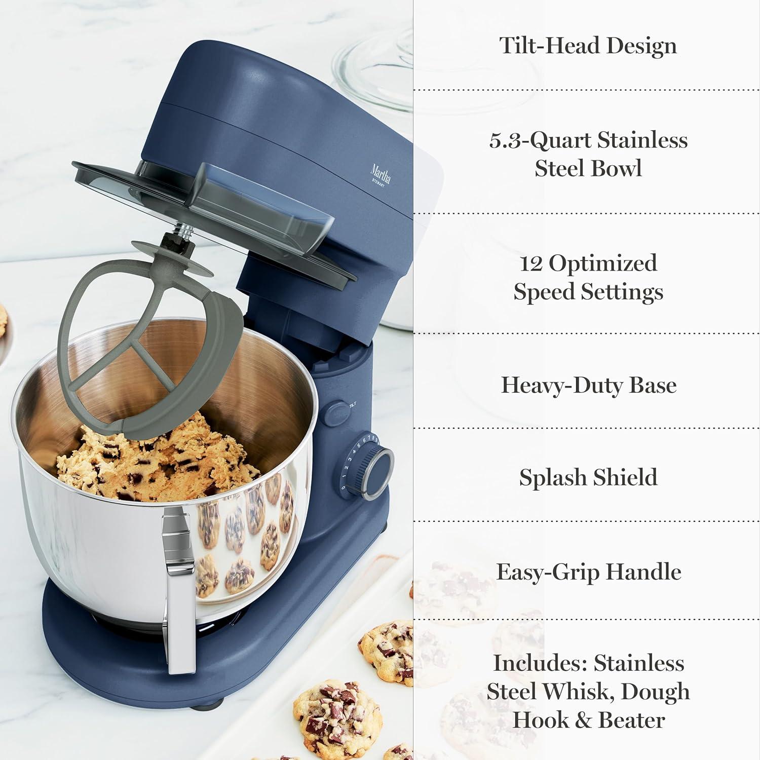 image:imageMartha Stewart TiltHead Stand Mixer12 Speed 53QT Stainless Steel Bowl Splash Guard with Pour Chute Whisk Dough Hook Flat BeaterElectric Kitchen Baking Mixer Bread Cake Whip Linen WhiteIndigo Blue