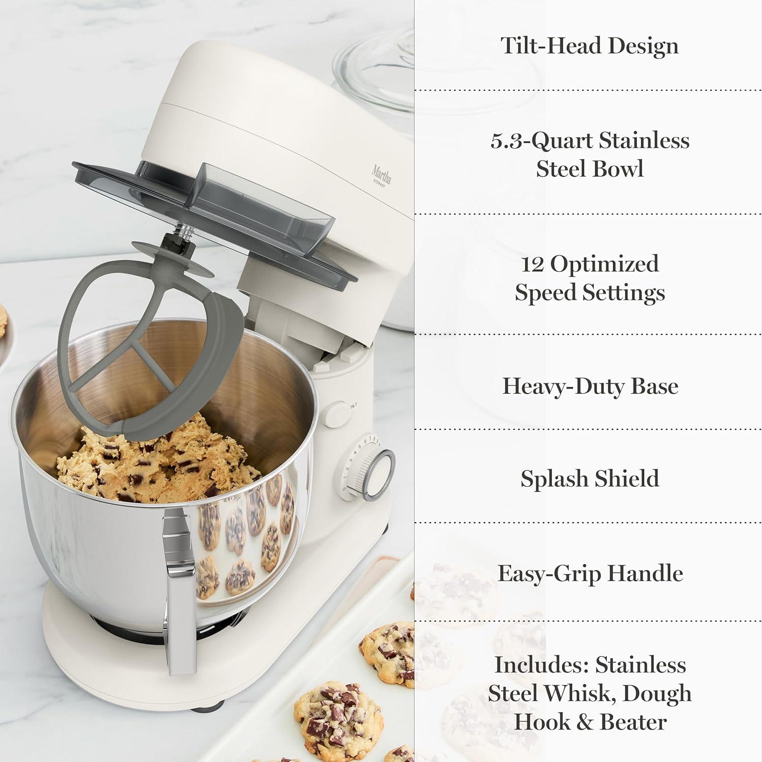 image:imageMartha Stewart TiltHead Stand Mixer12 Speed 53QT Stainless Steel Bowl Splash Guard with Pour Chute Whisk Dough Hook Flat BeaterElectric Kitchen Baking Mixer Bread Cake Whip Linen WhiteLinen White