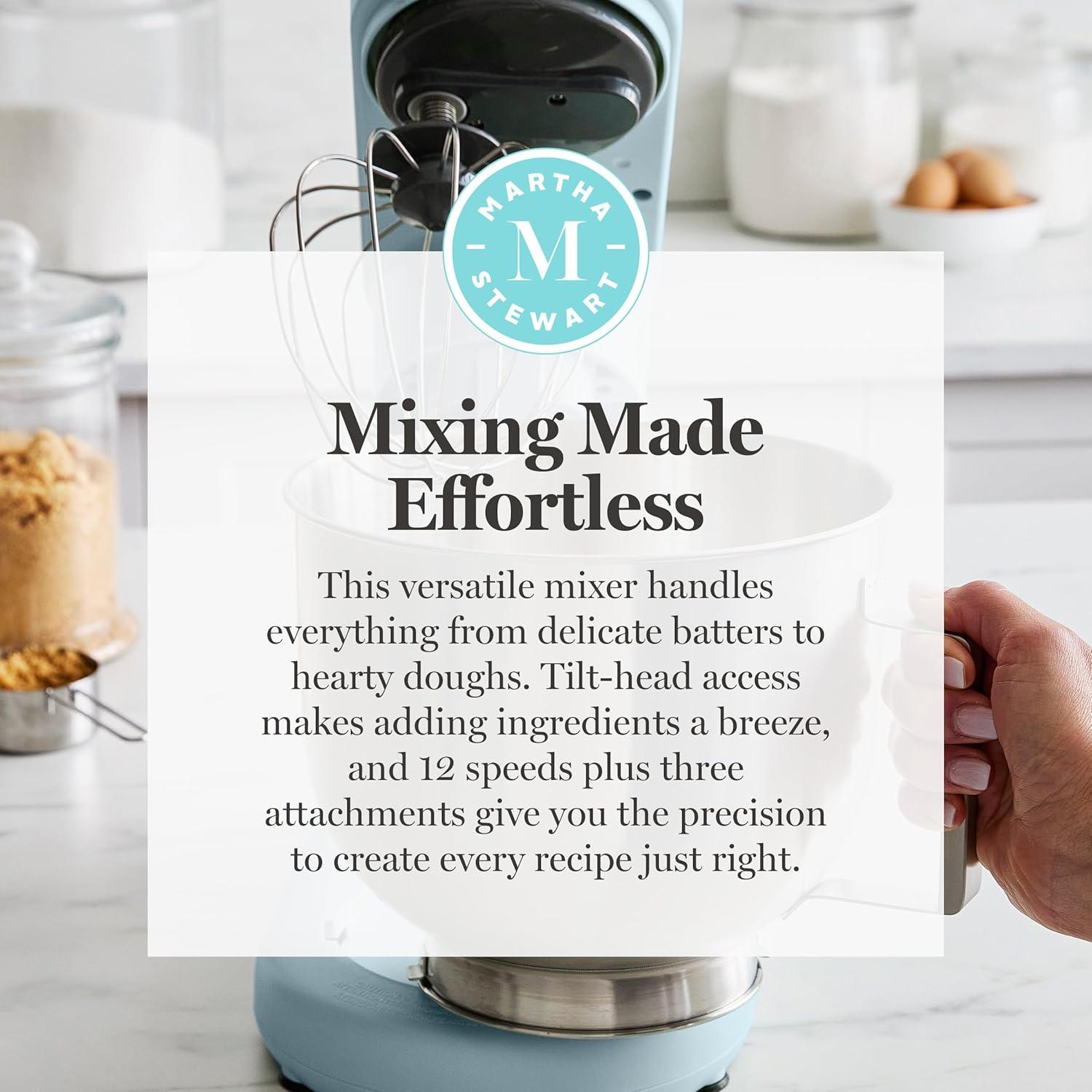 image:imageMartha Stewart TiltHead Stand Mixer12 Speed 53QT Stainless Steel Bowl Splash Guard with Pour Chute Whisk Dough Hook Flat BeaterElectric Kitchen Baking Mixer Bread Cake Whip Linen WhiteSky Blue
