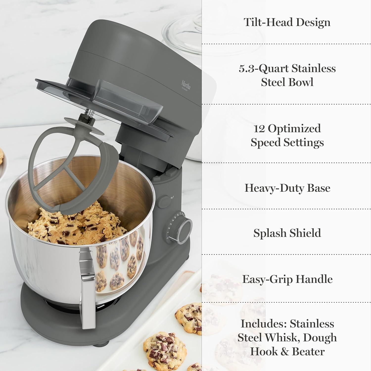 image:imageMartha Stewart TiltHead Stand Mixer12 Speed 53QT Stainless Steel Bowl Splash Guard with Pour Chute Whisk Dough Hook Flat BeaterElectric Kitchen Baking Mixer Bread Cake Whip Linen WhiteCaviar Gray
