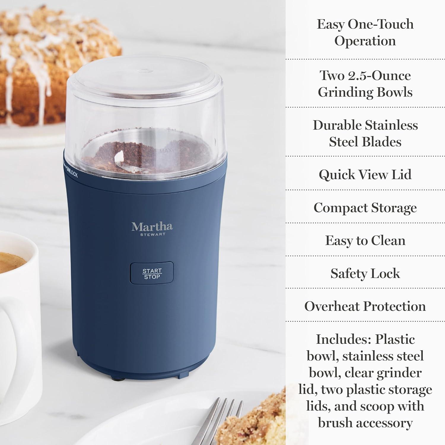 image:imageMarthaStewart ElectricCoffee amp Spice GrinderDual 25oz RemovableBowls StorageLidsStainless Steel BladesOne Touch Pulse Control2in1CompactBeans amp Spices Herbsamp Nuts Linen WhiteIndigo Blue