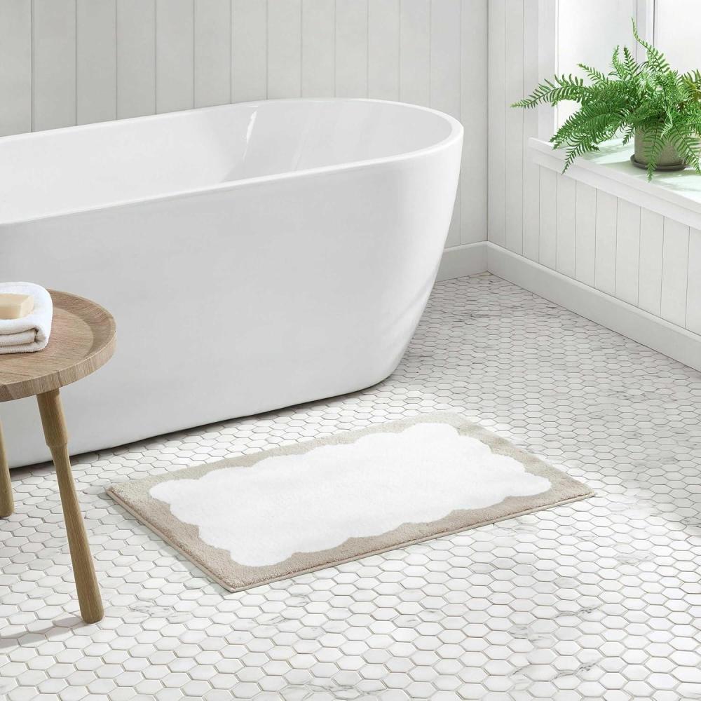image:imageMartha Stewart Bath Rug Plush 100 YarnDye Knit Rug Soft Cushioned Feel Bathroom Rug with SkidResistant Latex Rubber Backing Skylands Border LinenWhite 60 x 22Bedford Scallop WhiteLinen