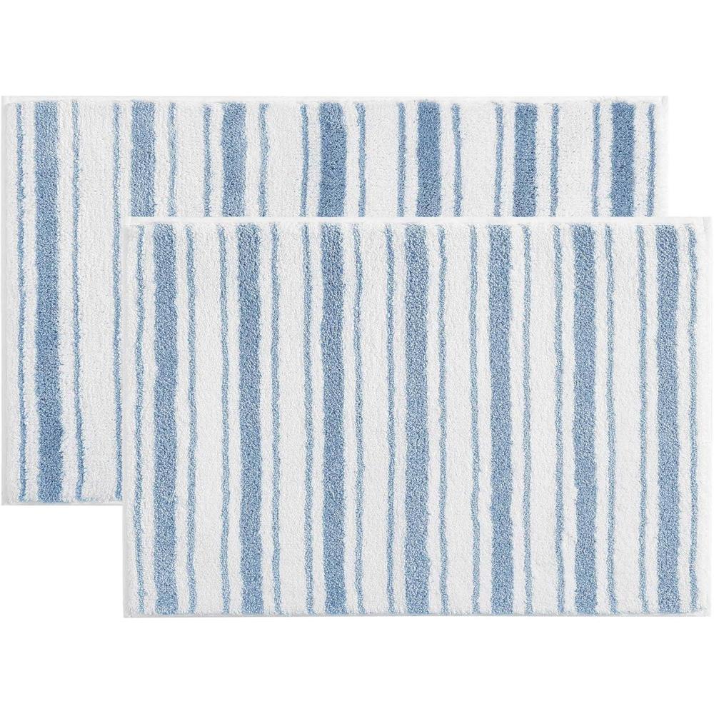 image:imageMartha Stewart Bath Rug Plush 100 YarnDye Knit Rug Soft Cushioned Feel Bathroom Rug with SkidResistant Latex Rubber Backing Skylands Border LinenWhite 60 x 22Driftwood Stripes Blue