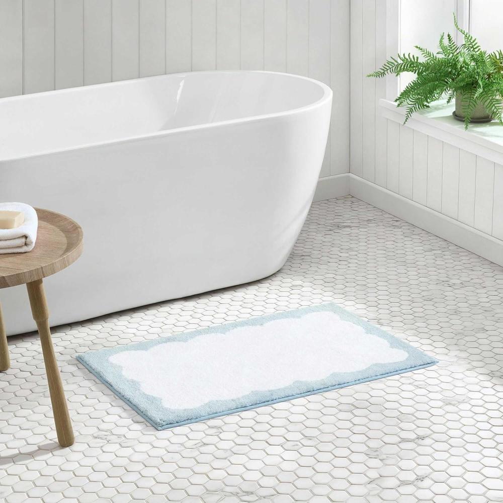 image:imageMartha Stewart Bath Rug Plush 100 YarnDye Knit Rug Soft Cushioned Feel Bathroom Rug with SkidResistant Latex Rubber Backing Skylands Border LinenWhite 60 x 22Bedford Scallop WhiteBlue Bell