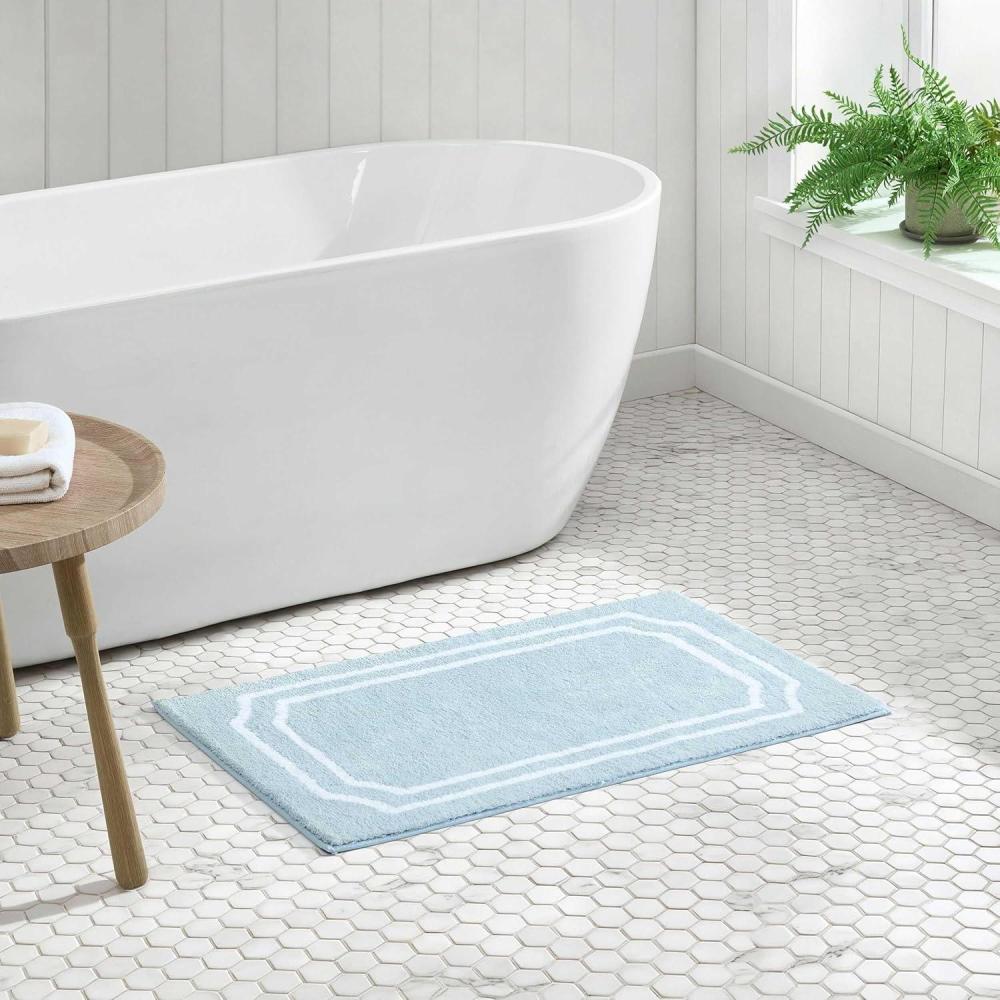 image:imageMartha Stewart Bath Rug Plush 100 YarnDye Knit Rug Soft Cushioned Feel Bathroom Rug with SkidResistant Latex Rubber Backing Skylands Border LinenWhite 60 x 22Skylands Border Blue BellWhite