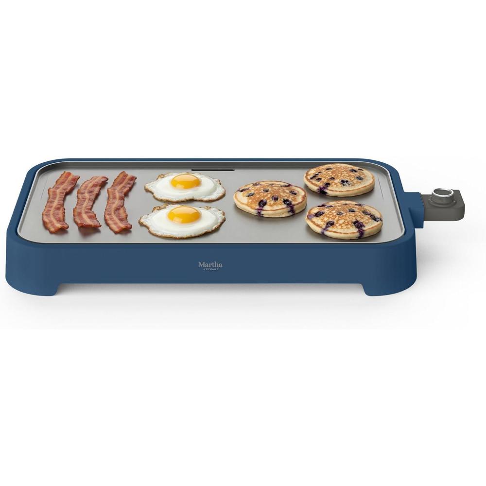 image:imageMartha Stewart 12 x 22 Electric Griddle XL Ceramic NonstickFlat Top Cooking Surface Adjustable Temperature Dial Drip Tray Dishwasher Safe 1500W Fast Even Heating Pancakes amp Eggs Linen WhiteIndigo Blue