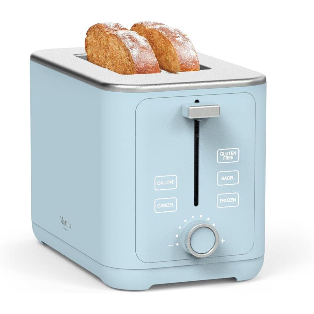 image:imageMartha Stewart 4 Slice Toaster 10 Shade Settings with Defrost Cancel Bagel amp GlutenFree ExtraWide SelfCentering Slots for Waffles amp Artisan Bread Removable Crumb Tray Cord Wrap 1800W LinenSky Blue