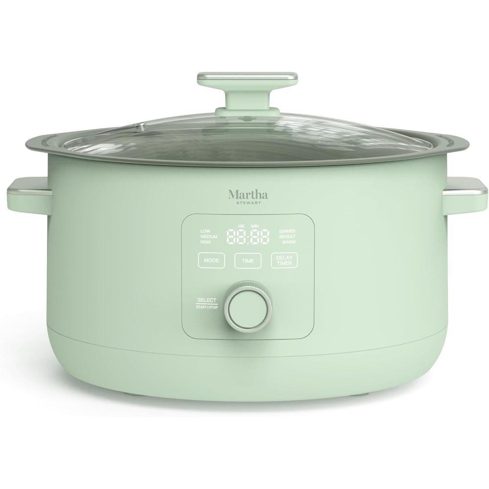 image:imageMartha Stewart 8 QT Slow Cooker Programmable with Timer 3 Heat Settings Low High Warm Nonstick Ceramic Removable Crock Stovetop amp Oven Safe Glass Lid Simmer Reheat Warm LinenHoneydew Green