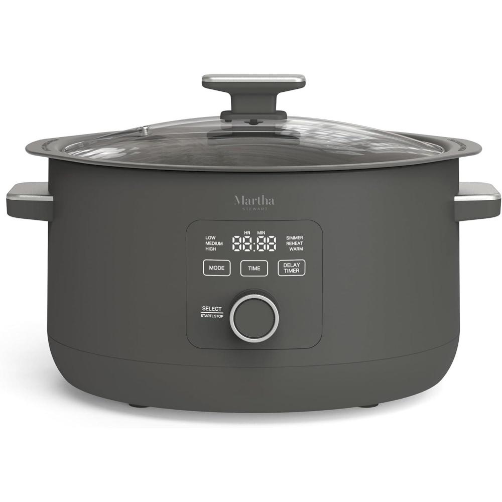 image:imageMartha Stewart 8 QT Slow Cooker Programmable with Timer 3 Heat Settings Low High Warm Nonstick Ceramic Removable Crock Stovetop amp Oven Safe Glass Lid Simmer Reheat Warm LinenCaviar Gray