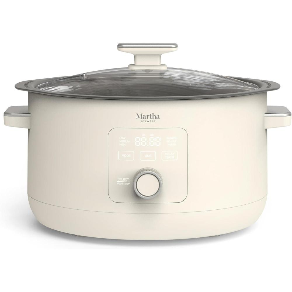 image:imageMartha Stewart 8 QT Slow Cooker Programmable with Timer 3 Heat Settings Low High Warm Nonstick Ceramic Removable Crock Stovetop amp Oven Safe Glass Lid Simmer Reheat Warm LinenLinen White