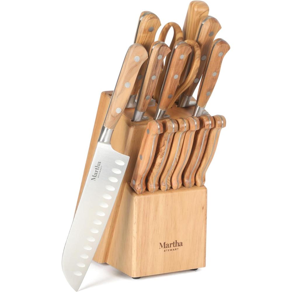 image:imageMartha Stewart Austenwood 15Piece Knife Block Set German Stainless Steel Kitchen Knives with Forged Italian Olive Wood Handle