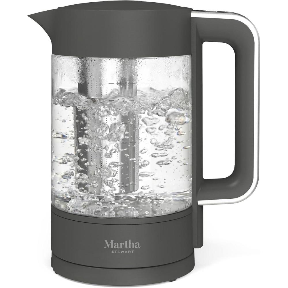 image:imageMartha Stewart Electric Kettle with Removable Stainless Steel Tea Infuser Glass Carafe17L 7 Cups Hot Water Boiler 4 Presets Keep Warm amp Auto ShutOff Cordless 360 Swivel Base Linen WhiteCaviar Gray
