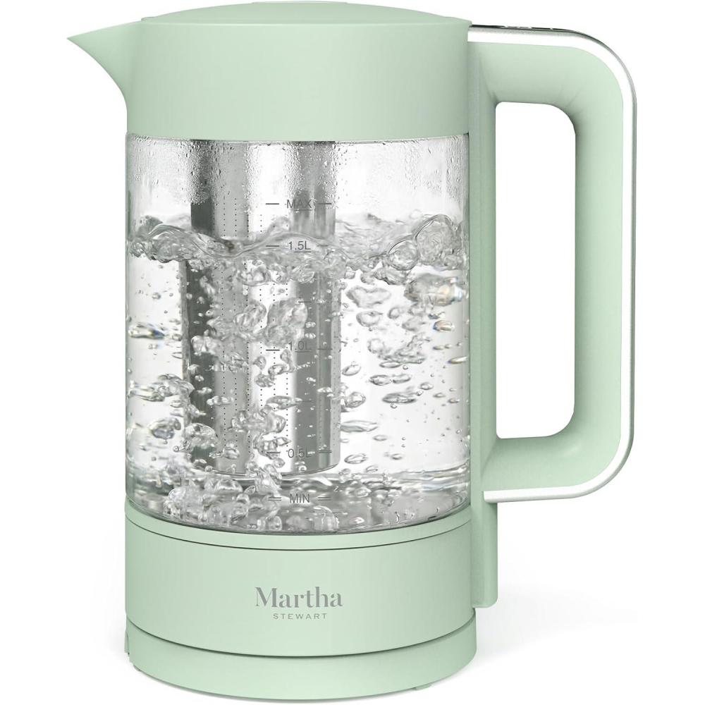 image:imageMartha Stewart Electric Kettle with Removable Stainless Steel Tea Infuser Glass Carafe17L 7 Cups Hot Water Boiler 4 Presets Keep Warm amp Auto ShutOff Cordless 360 Swivel Base Linen WhiteHoneydew Green