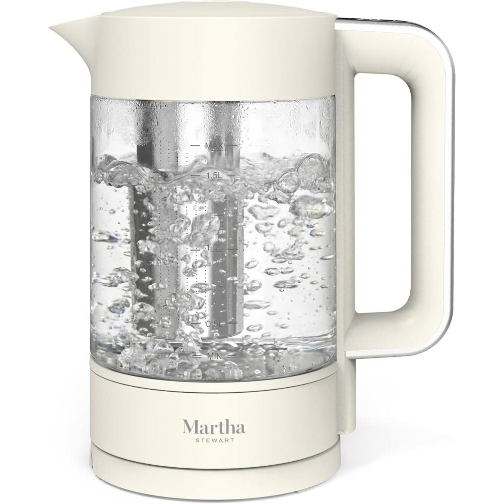image:imageMartha Stewart Electric Kettle with Removable Stainless Steel Tea Infuser Glass Carafe17L 7 Cups Hot Water Boiler 4 Presets Keep Warm amp Auto ShutOff Cordless 360 Swivel Base Linen WhiteLinen White