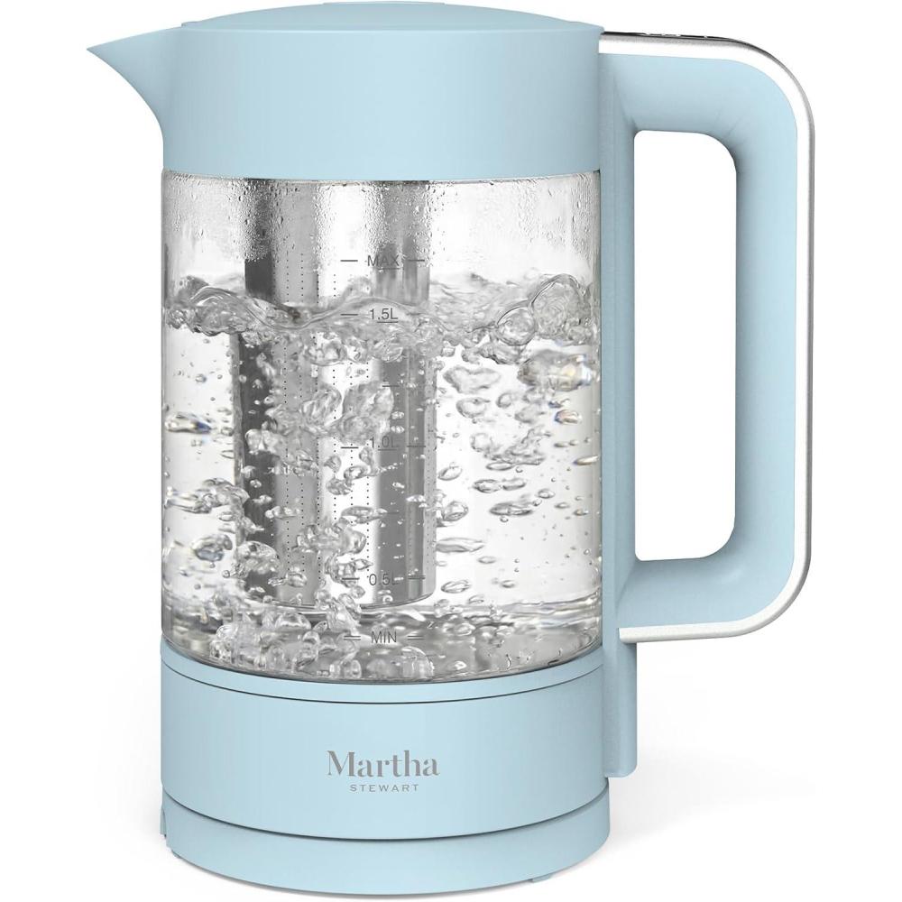 image:imageMartha Stewart Electric Kettle with Removable Stainless Steel Tea Infuser Glass Carafe17L 7 Cups Hot Water Boiler 4 Presets Keep Warm amp Auto ShutOff Cordless 360 Swivel Base Linen WhiteSky Blue