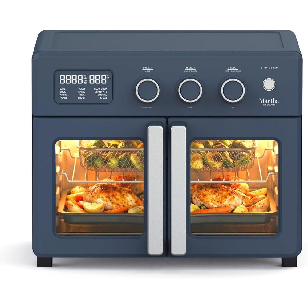 image:imageMartha Stewart French Door Air Fryer Toaster Oven Combo 34QT Countertop Convection 12in1 Bake Broil Roast Fits 12 PizzaDehydrate5 Accessories Air Fry Basket Stainless Steel Linen WhiteIndigo Blue