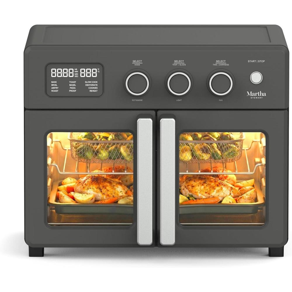 image:imageMartha Stewart French Door Air Fryer Toaster Oven Combo 34QT Countertop Convection 12in1 Bake Broil Roast Fits 12 PizzaDehydrate5 Accessories Air Fry Basket Stainless Steel Linen WhiteCaviar Gray
