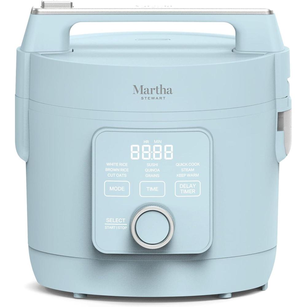 image:imageMartha Stewart Rice Cooker 4 Cup Uncooked 8 Cup Cooked Ceramic NonStick Removable Pot Keep Warm Measure Markings Steam Basket Brown amp Sushi Rice Quick Cook Quinoa Grains Oats Linen WhiteSky Blue