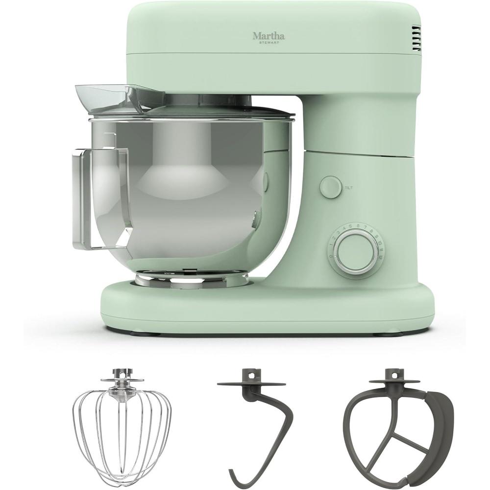 image:imageMartha Stewart TiltHead Stand Mixer12 Speed 53QT Stainless Steel Bowl Splash Guard with Pour Chute Whisk Dough Hook Flat BeaterElectric Kitchen Baking Mixer Bread Cake Whip Linen WhiteHoneydew Green
