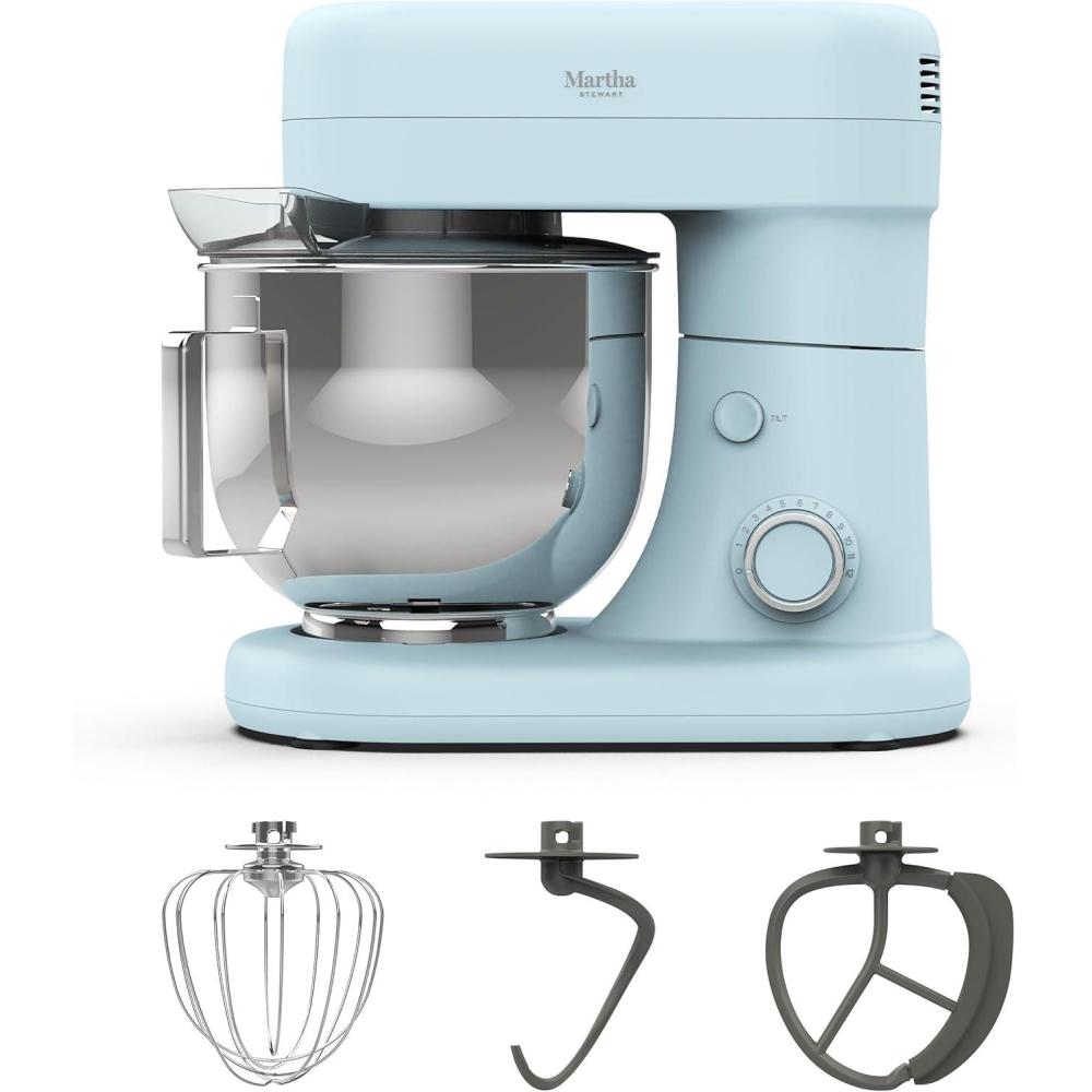 image:imageMartha Stewart TiltHead Stand Mixer12 Speed 53QT Stainless Steel Bowl Splash Guard with Pour Chute Whisk Dough Hook Flat BeaterElectric Kitchen Baking Mixer Bread Cake Whip Linen WhiteSky Blue