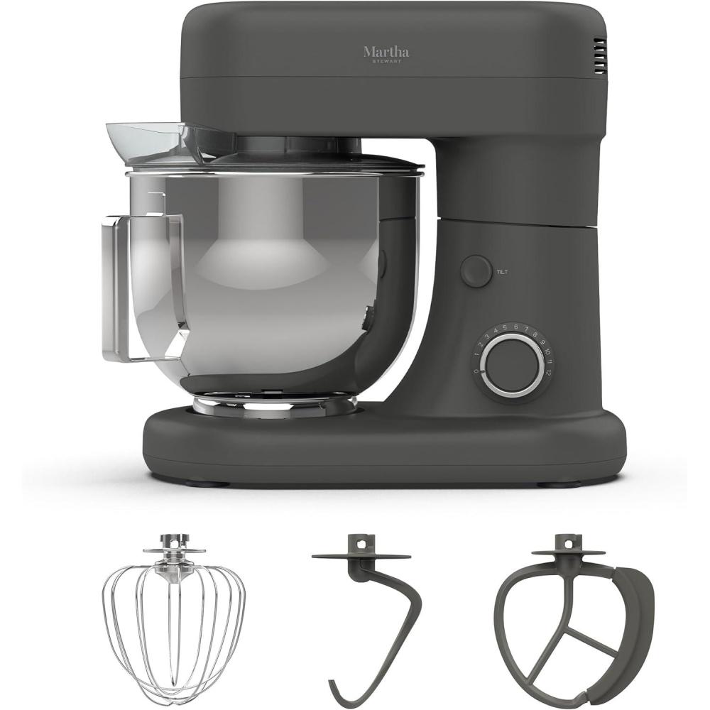 image:imageMartha Stewart TiltHead Stand Mixer12 Speed 53QT Stainless Steel Bowl Splash Guard with Pour Chute Whisk Dough Hook Flat BeaterElectric Kitchen Baking Mixer Bread Cake Whip Linen WhiteCaviar Gray