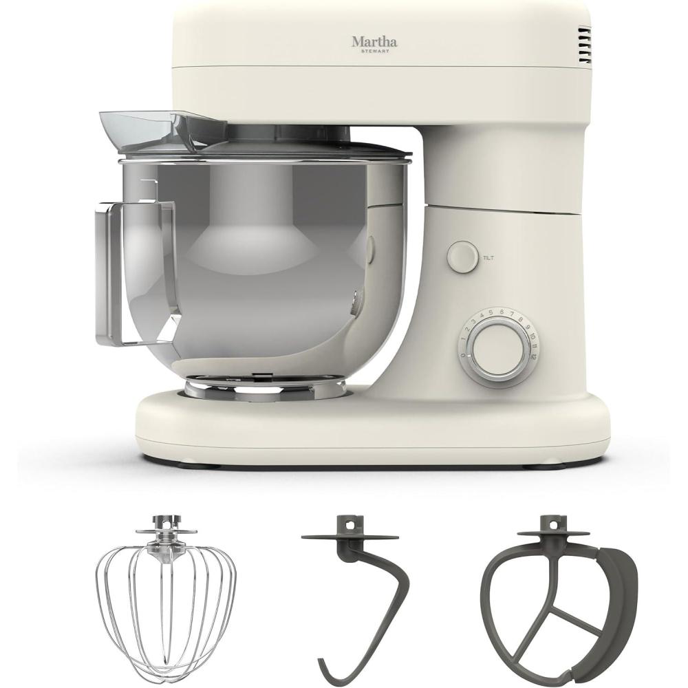 image:imageMartha Stewart TiltHead Stand Mixer12 Speed 53QT Stainless Steel Bowl Splash Guard with Pour Chute Whisk Dough Hook Flat BeaterElectric Kitchen Baking Mixer Bread Cake Whip Linen WhiteLinen White
