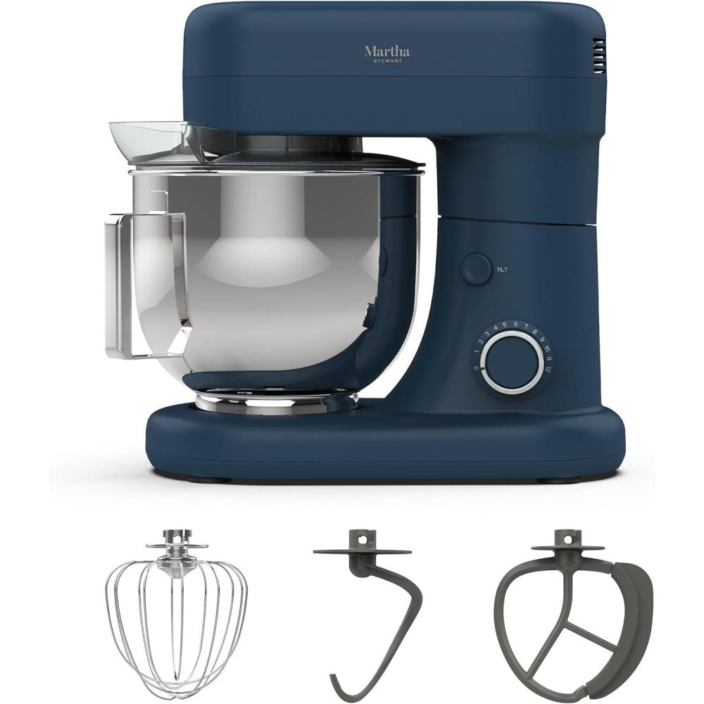 image:imageMartha Stewart TiltHead Stand Mixer12 Speed 53QT Stainless Steel Bowl Splash Guard with Pour Chute Whisk Dough Hook Flat BeaterElectric Kitchen Baking Mixer Bread Cake Whip Linen WhiteIndigo Blue
