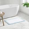 Martha Stewart – Bath Rug, Plush 100% Yarn-Dye Knit Rug, Soft Cushioned Feel Bathroom Rug with Skid-Resistant Latex Rubber Backing (Skylands Border Linen/White, 60″ x 22″)(Bedford Scallop White/Blue Bell)
