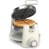 Martha Stewart Rotating Waffle Maker, 180° Flip Iron with PFAS-Free Nonstick Plates, Adjustable Timer, Ready Light, Drip Tray, Space Saving, Classic Round 7”, Easy to Clean, Stainless Steel, Linen(Linen White)