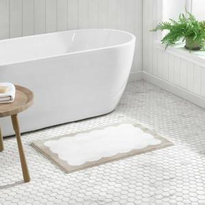 Martha Stewart – Bath Rug, Plush 100% Yarn-Dye Knit Rug, Soft Cushioned Feel Bathroom Rug with Skid-Resistant Latex Rubber Backing (Skylands Border Linen/White, 60″ x 22″)(Bedford Scallop White/Linen)
