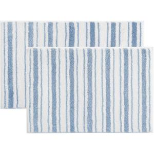 Martha Stewart – Bath Rug, Plush 100% Yarn-Dye Knit Rug, Soft Cushioned Feel Bathroom Rug with Skid-Resistant Latex Rubber Backing (Skylands Border Linen/White, 60″ x 22″)(Driftwood Stripes Blue)