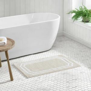 Martha Stewart – Bath Rug, Plush 100% Yarn-Dye Knit Rug, Soft Cushioned Feel Bathroom Rug with Skid-Resistant Latex Rubber Backing (Skylands Border Linen/White, 60″ x 22″)(Skylands Border Linen/White)
