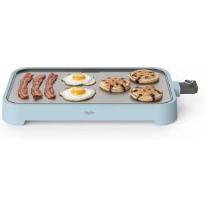 Martha Stewart 12” x 22” Electric Griddle, XL Ceramic Nonstick Flat Top Cooking Surface, Adjustable Temperature Dial, Drip Tray, Dishwasher Safe, 1500W Fast Even Heating, Pancakes & Eggs, Linen White(Sky Blue)